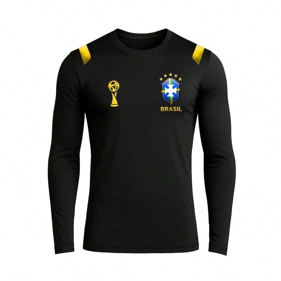 Men's Long Sleeve UV Protection T-Shirt, 3D Polyester, Soccer, Brazil World Cup, World Cup Print, National Team, Pink Shirt, Black, Goal, Games, Yellow, Black, Blue - 黑色 - 查看 1
