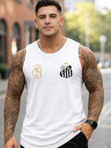Men's Tank Top With 2 Santos Shields, 100% Cotton, Summer Fashion, Round Neck - White - View 1