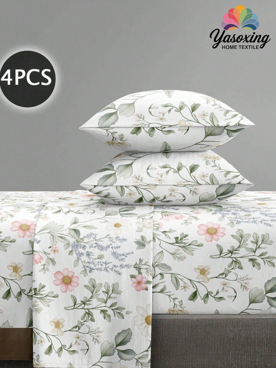 4件套復古綠葉與粉色花卉圖案床上用品套裝,易護理柔軟床單套組(1件平鋪床單 + 1件床墊套 + 2件枕套),針織床單套組適用於特大/大/全尺寸/單人床,適合11.8英吋深床墊,柔軟透氣且防皺 - 彩色 - 查看 1