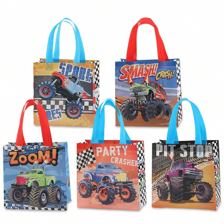 5/15 Stück Rennwagen-Themen Vlies-Tragetaschen, Monster Truck Muster Geschenktüten, geeignet für Themenfeiern, Einschulungsfeiern, Geburtstage, Geschäftsbesuche, Party-Gastgeschenke, Einschulungszeit, anwendbar für Feiertage, Veranstaltungen, Klassentreffen und verschiedene Anlässe - 9008-1-2-3-6-7 - Übersicht 1