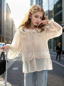 Tween Girl Ruffled Frill Collar Blouse, Sweet Layered Look Princess Style Top - Apricot - View 4