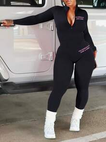 LovelyWholesale Women'S Daily Spring And Autumn Casual Jumpsuit Pants Stand Collar Zipper Long Sleeve Letter Print - Black - View 3