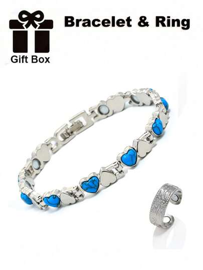 1 Set Brushed Heart-Shaped Magnetic Bracelet + Ring, Gift Box Packaging, Women's Minimalist Fashion Adjustable, Suitable For Daily Wear And Holidays