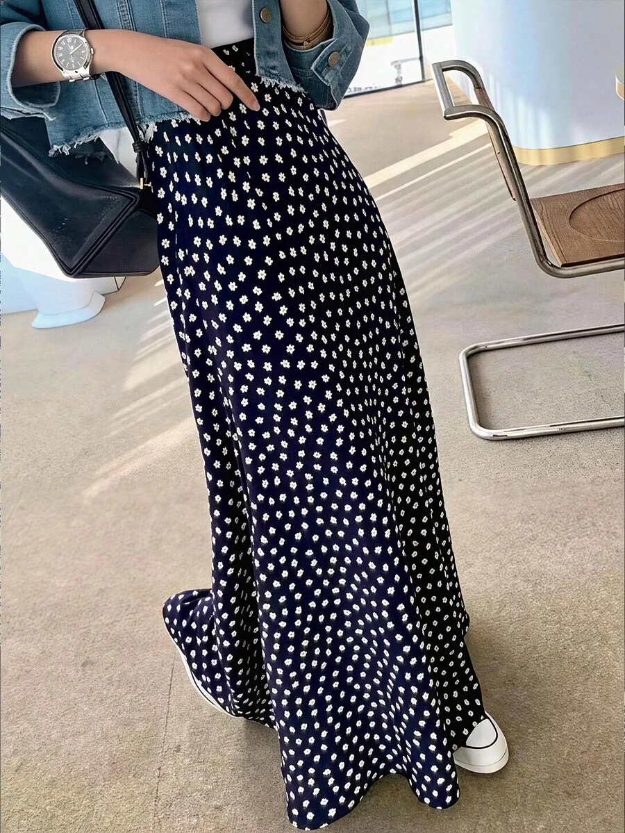 EARO Women's Long Floral Print White A-Line Skirt, Non-Stretch, Flowy And Versatile, Fashionable And Elegant - Navy Blue - View 1