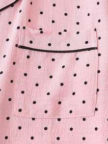 2pcs/Set Women's Mini Polka Dot Printed Pajama Set With Contrast Trim Button-Down Shirt And Bow Tie Shorts, Perfect For Home Wear In Summer White Set,Two Pieces Set - 粉色 - 查看 6