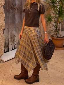 DEEKA Women's Spring/Summer Plaid A-Line Skirt, Fashionable Minimalist European And American Style - Lattice - View 2