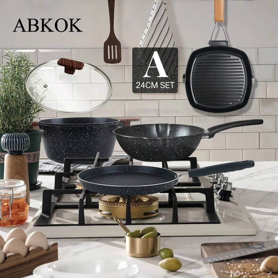 ABKOK 4-Piece Non-Stick Cookware Set - Soup Pot, Pancake Pan, All-In-One Fry Pan & Steak Pan For Kitchen - 查看 1