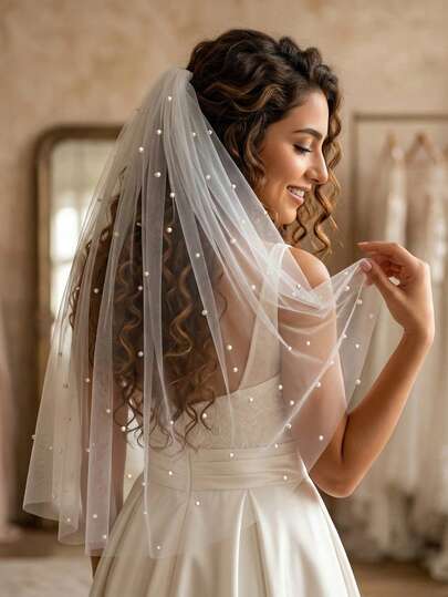 1pc Short Versatile Pearl Bridal Veil, Minimalist Elegant Headpiece For Women's Wedding Dress, Marriage Registration