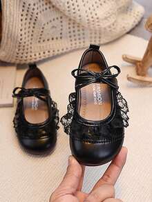 1 par de zapatos de princesa con lazo de encaje para niñas, suela blanda y transpirable para la escuela - Negro - Ver 1