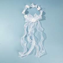 1pc Girls' First Communion Hair Accessory, Flower Crown With White Flowers, Pearls, Tulle And Ribbon Decor For First Communion Wedding Flower Girl - Multicolor - View 8