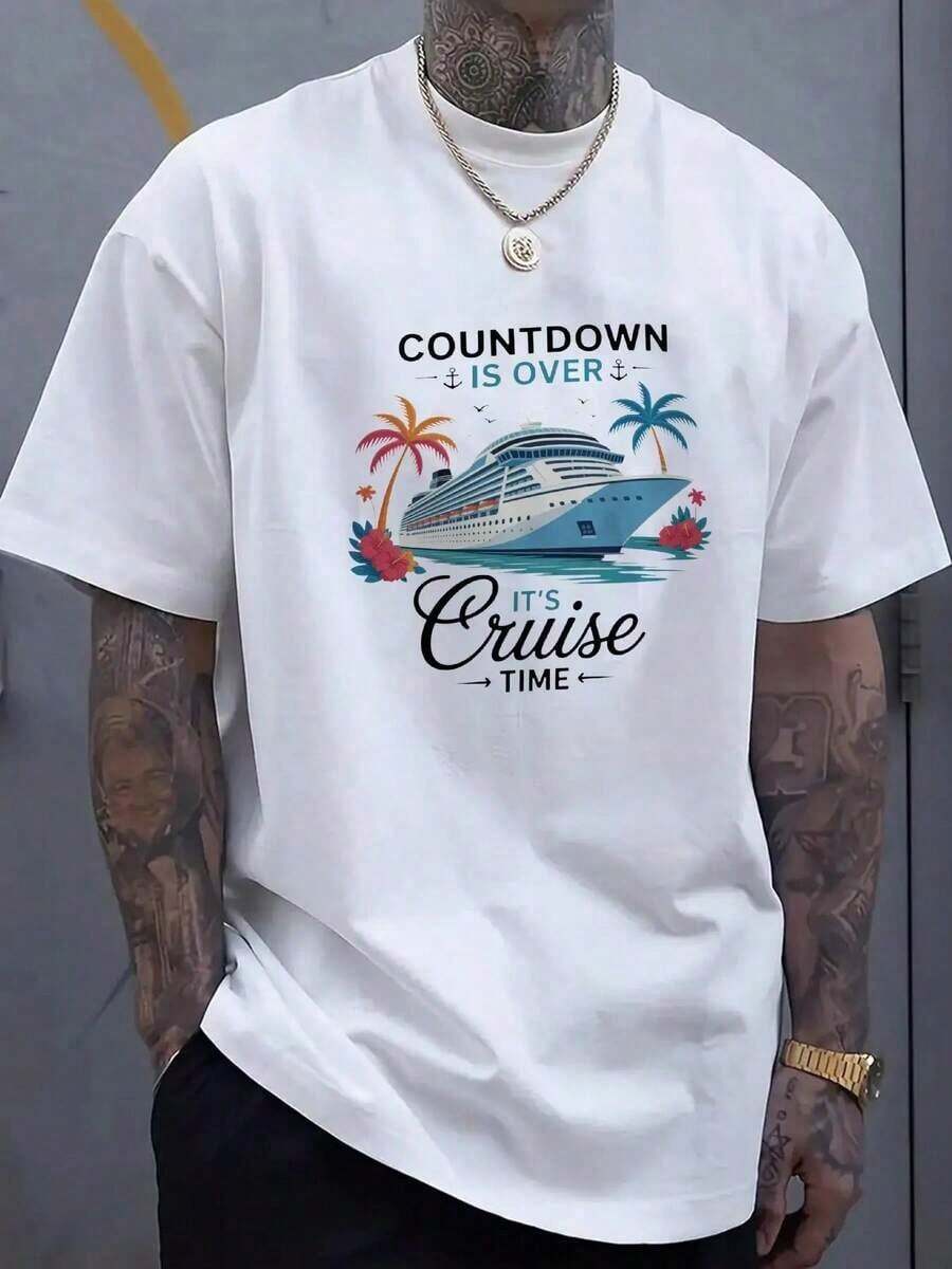 Men'S Cruise Time Graphic T-Shirt - "Countdown Is Over" Design With Cruise Ship & Palm Trees, 100% Breathable Fabric, Regular Fit Casual Summer Tee For Beach Vacations & Cruise Outfits, Comfortable Vacation Wear, Cruise T Shirt, Vacation Apparel, Retro Style Shirt, Durable Print Quality, Vacation Clothing, Nautical Theme, Lightweight Material, Short Sleeve Shirt, Travel Enthusiasts - 黑色 - 查看 1