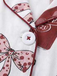 2pcs Women Bowknot Print Pajama Set, Short Sleeve Button Up Shirt And Elastic Waist Shorts, Cute Soft Comfortable Loungewear Sleepwear - 短款/白色 - 查看 5