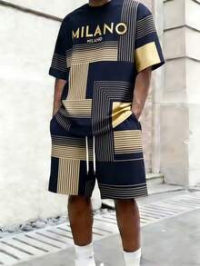 2pcs/Set Men's Fashion Casual Suit, Loose Short Sleeve T-Shirt & Shorts, 3D Print Adult Outfit Suitable For Daily Street Wear, Spring/Summer - Multicolor - View 1