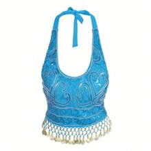 Halter Neck Sequin Embroidered Metal Disc Tassel Fringe Crop Top Belly Dance Performance Costume Party Festival Wear (Multiple Colors Available) - 彩色 - 查看 17