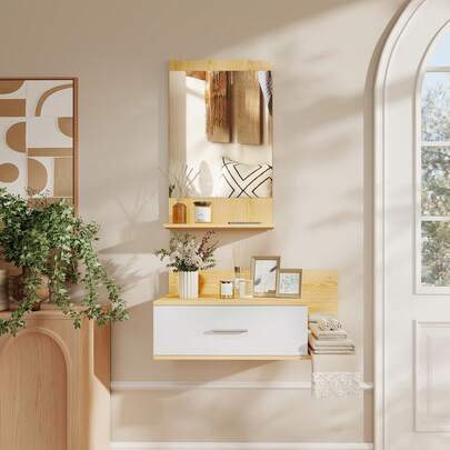  HOMCOM Set Mobili Ingresso con Specchio, Mobiletto a Parete con Cassetto e 2 Ripiani Aperti per Soggiorno, Camera da Letto, Ingresso, Legno Naturale