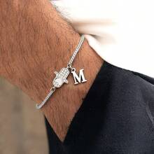 1件新款时尚字母哈姆萨之手吊坠银色不锈钢链男士手链 - 銀色 - 查看 1