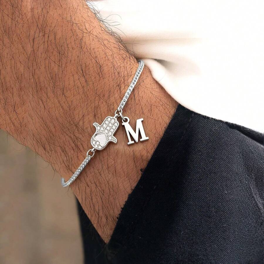 1件新款时尚字母哈姆萨之手吊坠银色不锈钢链男士手链 - 銀色 - 查看 1