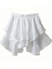 White Asymmetric Skirt 2026 Spring/Summer Style Women's Elastic Waistband Elegant Fashion Lace Trim Tiered Skirt Solid Color Flattering Silhouette Loose Fit Multi-Layered Skirt - 白色 - 查看 4