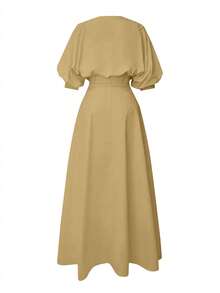 Solid Plain Print Sash Belt Decor V Collar Puff Balloon Sleeve A Line Maxi Dress For Formal Banquet Wedding Holiday,Elegant/Casual/Holiday Summer - Khaki - View 7