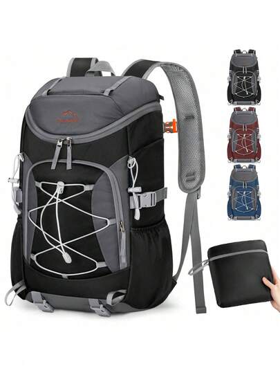 حقيبة ظهر قابلة للطي للرحلات البرية للرجال والنساء، حقيبة تخييم قابلة للطي 40 لتر، مقاومة للماء، حقيبة ظهر خفيفة الوزن قابلة للطي للسفر والتنزه والتسلق، سعة كبيرة، باللون الأسود