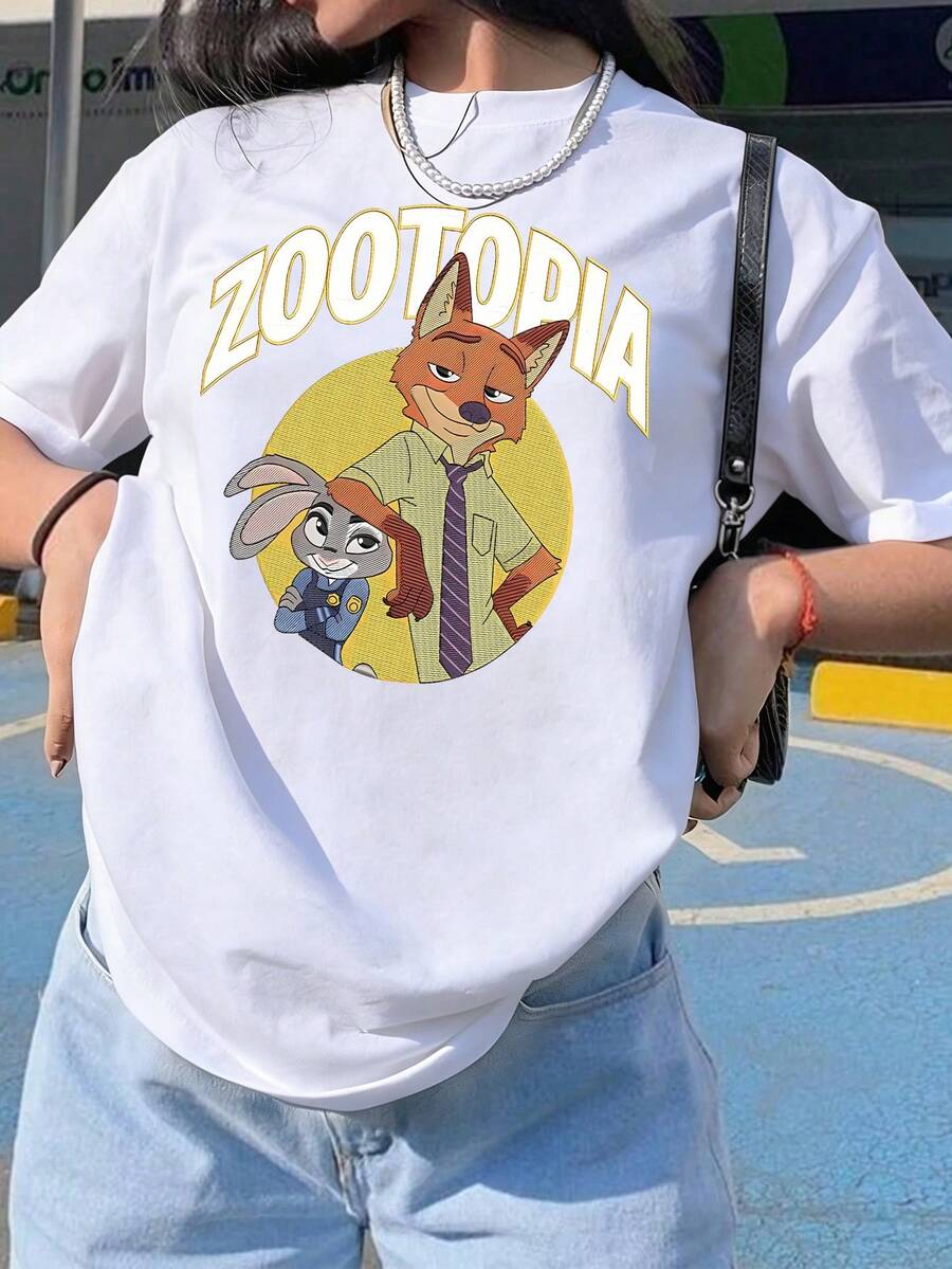 Disney Womens Casual Cotton Zootopia Print Short Sleeve Round Neck T-Shirt, Men's Sizes Suitable For The Whole Family - 白色 - 查看 1