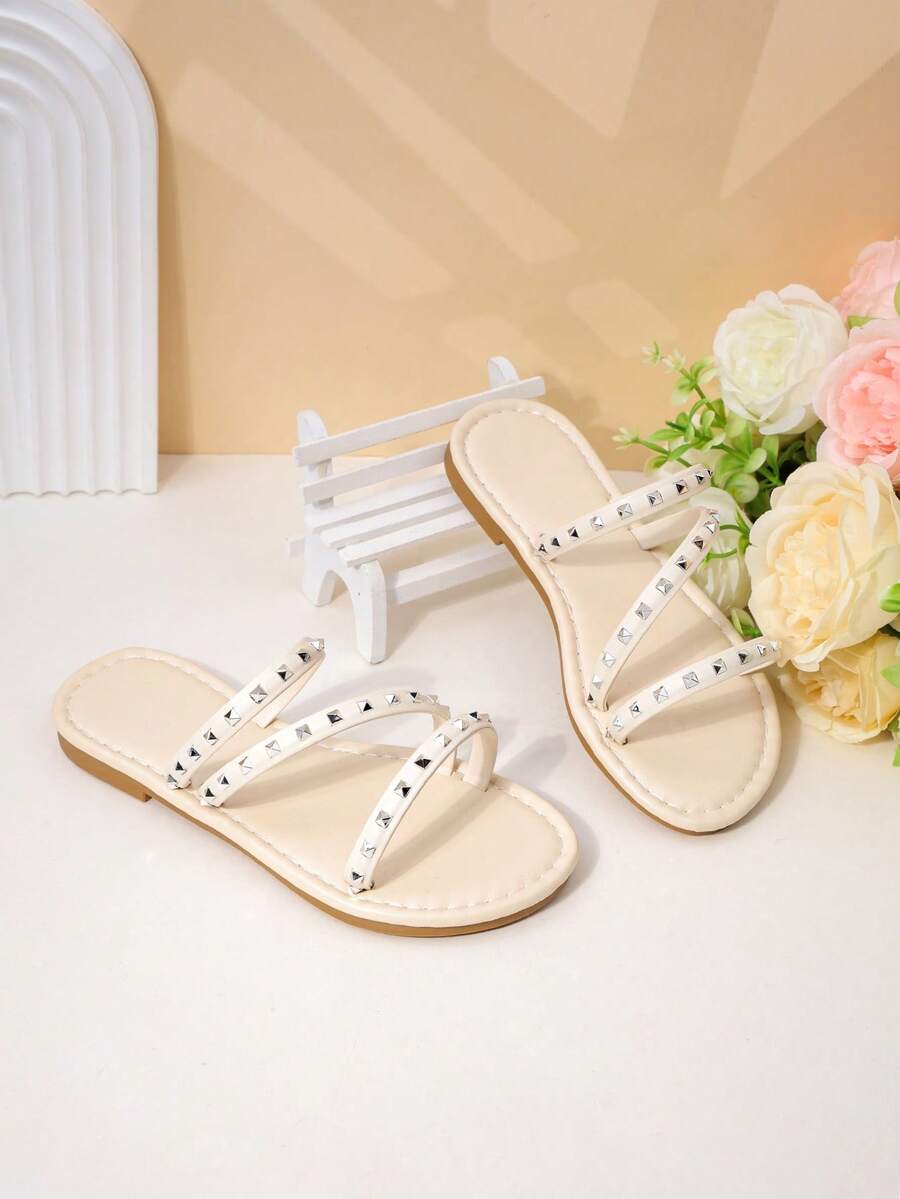 1双女童铆钉带休闲凉鞋，夏季时尚单品 - 杏色 - 查看 1