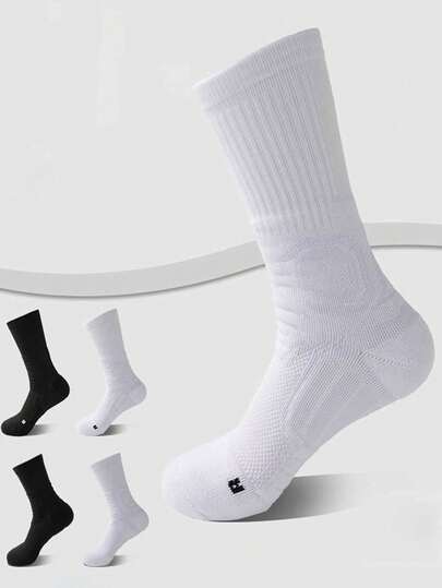 1/2 Pairs Thick Terry Cushion Sports Socks, Elite Basketball Socks, Breathable Men's Crew Length Socks, Seamless Athletic Running Socks
