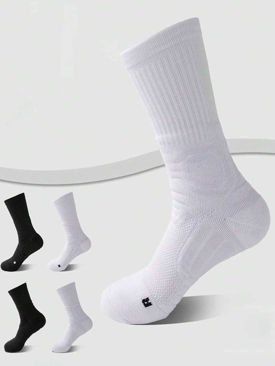 1/2 Pairs Thick Terry Cushion Sports Socks, Elite Basketball Socks, Breathable Men's Crew Length Socks, Seamless Athletic Running Socks - Black and White - View 1