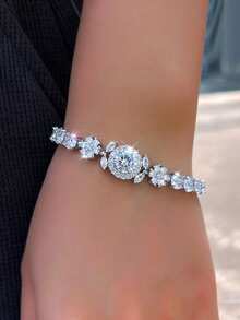 1pc Gorgeous 6mm Cubic Zirconia Silver Plated Flower Shaped Round Tennis Bracelet For Women, Engagement Party Wedding Jewelry - White - View 6
