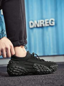 GAISIMA 1 Pair Men's Textured Knit Upper Sneakers, Unique Embossed Outsole, Casual Shoes Suitable For Streetwear And Daily Wear - Black - View 5