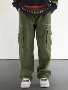 Men's Loose Fit Flap Pockets Cargo Pants, Plain Long Baggy Pants, For Husband, Boyfriend Gifts, For Fall - 軍綠色 - 查看 3