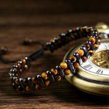 招财手工双层虎眼石珠手链，朋克风编织亲肤饰品，适合日常佩戴和送礼。 - 棕色 - 查看 2