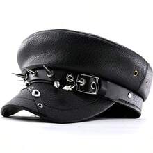 Women's Punk Y2k  Beret Black Pu Cool Punk Skull Spike Cap Leather Flat Top Captain Military Caps Women's Accessories - 黑色 - 查看 10