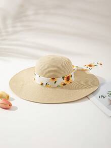 1 Straw Hat + 1 Bag, Vacation Beach Set - Beige Yellow Ribbon - View 4