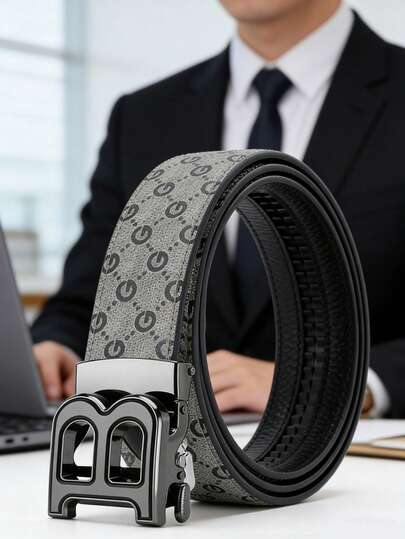 男士自动扣字母B腰带，时尚字母印花设计，商务休闲风格腰带，父亲节、情人节礼物。夏季、校园休闲、商务场合、送给男友/丈夫/父亲/爸爸的礼物、日常穿着、时尚、青少年、户外、度假、运动、旅行、街头、波西米亚风、复古秋冬配饰，适合青少年、年轻男士、休闲、户外、运动、度假、毕业礼物、生日、日常穿着。