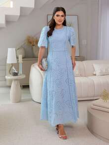 Josiane Modesto Maxi Midi Dress In Cotton Embroidered With Guipure Lace And Back Zipper – Elegant And Delicate - Màu xanh lam - Xem 2