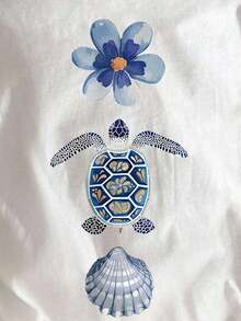Camiseta de manga corta de cuello redondo casual con estampado floral y de tortuga marina para mujer, verano - Blanco - Ver 5