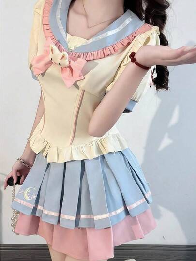 1pc Sweet Cute Girly JK School Uniform Set, Navy Collar Bow Decor Top And Pleated Contrast Color Skirt, Suitable For Photoshoot, Cosplay Halloween, Party Dress