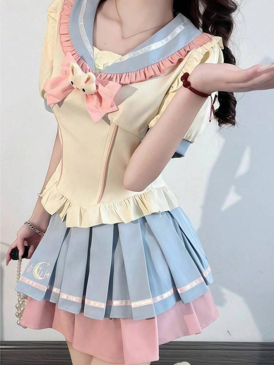 Bộ đồng phục học sinh JK dễ thương, ngọt ngào dành cho bé gái, áo cổ nơ màu xanh navy và chân váy xếp ly phối màu tương phản, thích hợp cho chụp ảnh, cosplay Halloween, dự tiệc mùa xuân. - Màu xanh nhạt - Xem 1