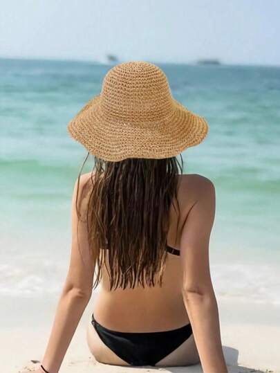 1pc Women Fashion Straw Hat, Outdoor Beach Sun Hat, Braided Bucket Hat For Summer Beach Holiday Sun Protection, Foldable Large Brim Sun Hat, Gift & Daily Use