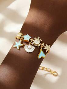 1pc Gold Ocean Style Women's Bracelet, Decorated With Sea Turtle, Starfish, Shell, Mermaid Tail Elements, Suitable For Summer Beach Vacation Wear, A Great Gift Choice - Golden Ocean Fishtail - View 4