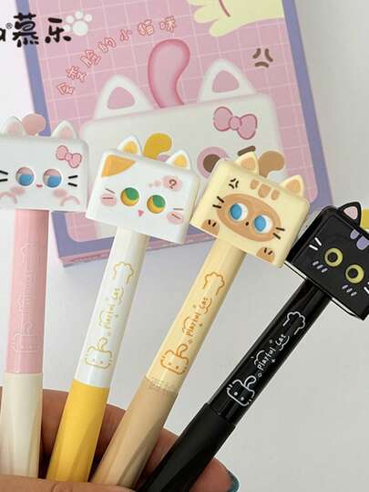 2/4pcs Cube Squeeze Changing Face Cat Interesting Stress Relief Creative Push-Button 0.5mm Quick-Drying Neutral Pen