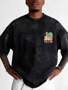 Disney-American Retro Washed Vintage Heavyweight T-Shirt | Disney Pluto PLUTO Multi Grid Comic Gradient Print Loose Short Sleeved Shirt - 黑色 - 查看 2