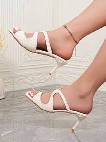 Sandal đế bệt mũi vuông bằng da bóng màu trắng quyến rũ năm 2026, sandal cao gót khoét lỗ dự tiệc. - Màu be - Xem 12