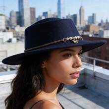 Men Women Felt Fedora Hat Stylish Decorative Butterfly Pendant Chain Design Panama Hat Wide Brim Jazz Cap - Dark Blue - View 4