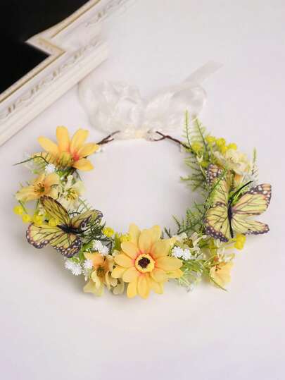 1个女孩梦幻蓬松黄色油菜花花环，适合清明节郊游、拍照