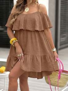 Elegante vestido corto sin mangas con volantes en el bajo, adecuado para usar en verano - Albaricoque - Ver 7