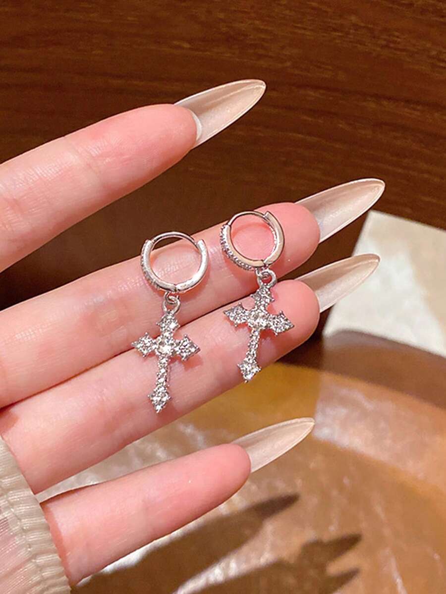 1 par de pendientes de aro con cruz incrustados de brillantes, elegantes y versátiles, de estilo de nicho de lujo para mujeres - Plateado - Ver 1