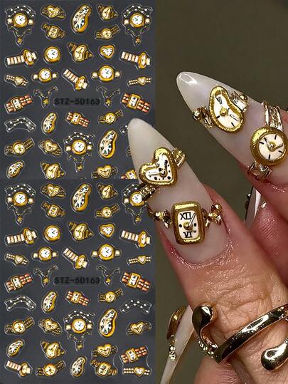 2 pezzi Adesivi per unghie a forma di orologio d'oro, Decalcomanie per unghie con motivo orologio 3D, Accessori per decorazione unghie fai-da-te