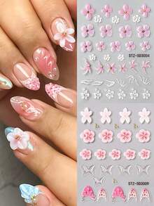 2片夏季果冻绽放花朵美甲贴纸，5D浮雕海星芙蓉花瓣软雕法式美甲贴花软雕婚礼美甲用品DIY节日美甲饰品装饰 - 彩色 - 查看 3